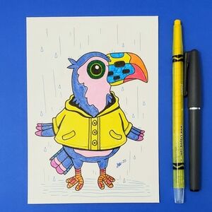 Toucan in Raincoat | Original Mixed Media Illustration